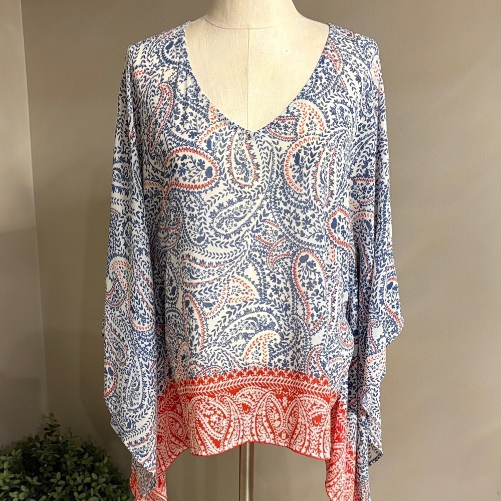 Ariat paisley pattern V-Neck kimono Top Blue Red WHITE chiffon lightweight NWOT